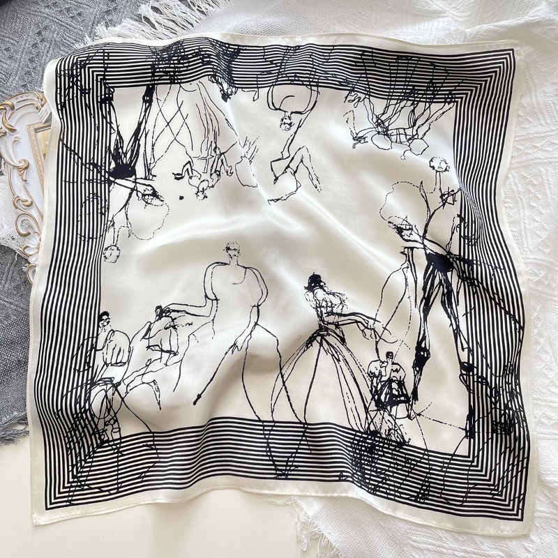 Luxury Bags Drawing - ผ้าพันคอผ้าซาตินลายเส้นอาร์ตไลน์สีขาวนวล พร้อมแถบคาดคอ ริบบิ้นผูกผม ของตกแต่งกระเป๋า ของขวัญสุดหรูสำหรับทุกเพศ